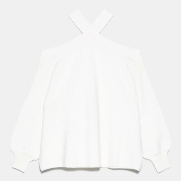 EUC Zara off-white ecru crossover strap exposed shoulder sweater S - Picture 7 of 11